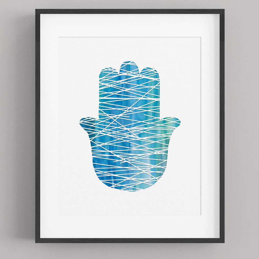 Lines Hamsa digital papercut with blue watercolor background - Art Print