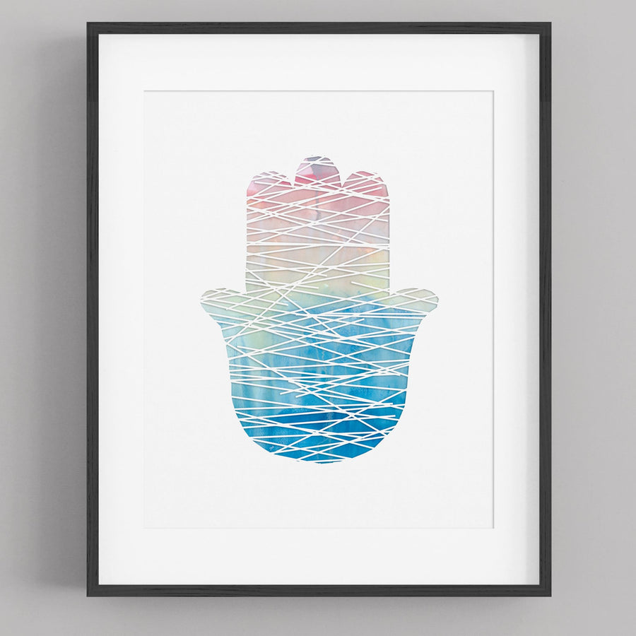 Lines Hamsa digital papercut with colorful background - Art Print